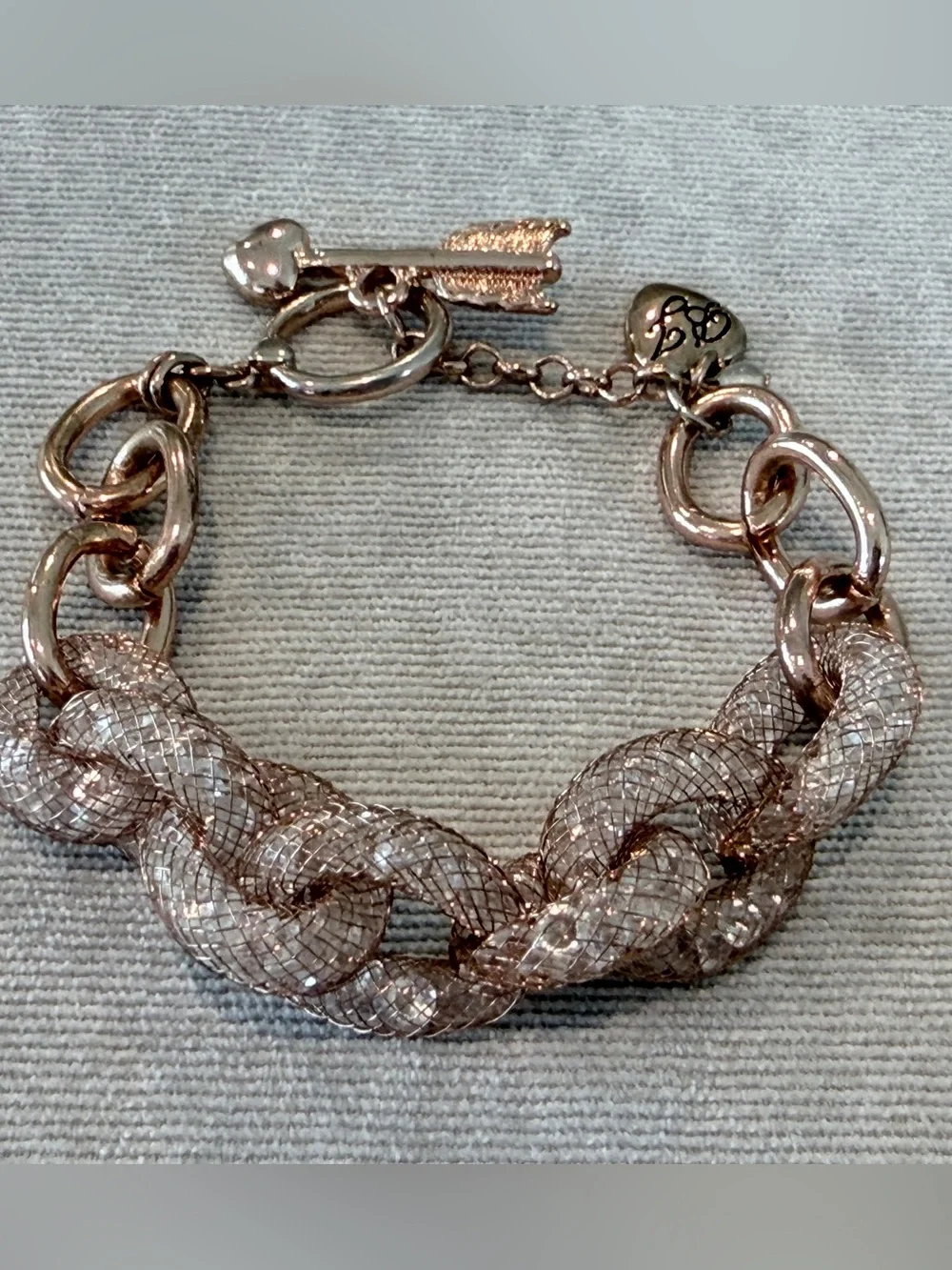 Betsey Johnson Rose Gold Braided Crystal Mesh Toggle Bracelet